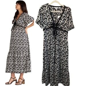 Seraphine Size 6 Maternity Nursing Floral Midi Dress Cream Black Tie Front NWT